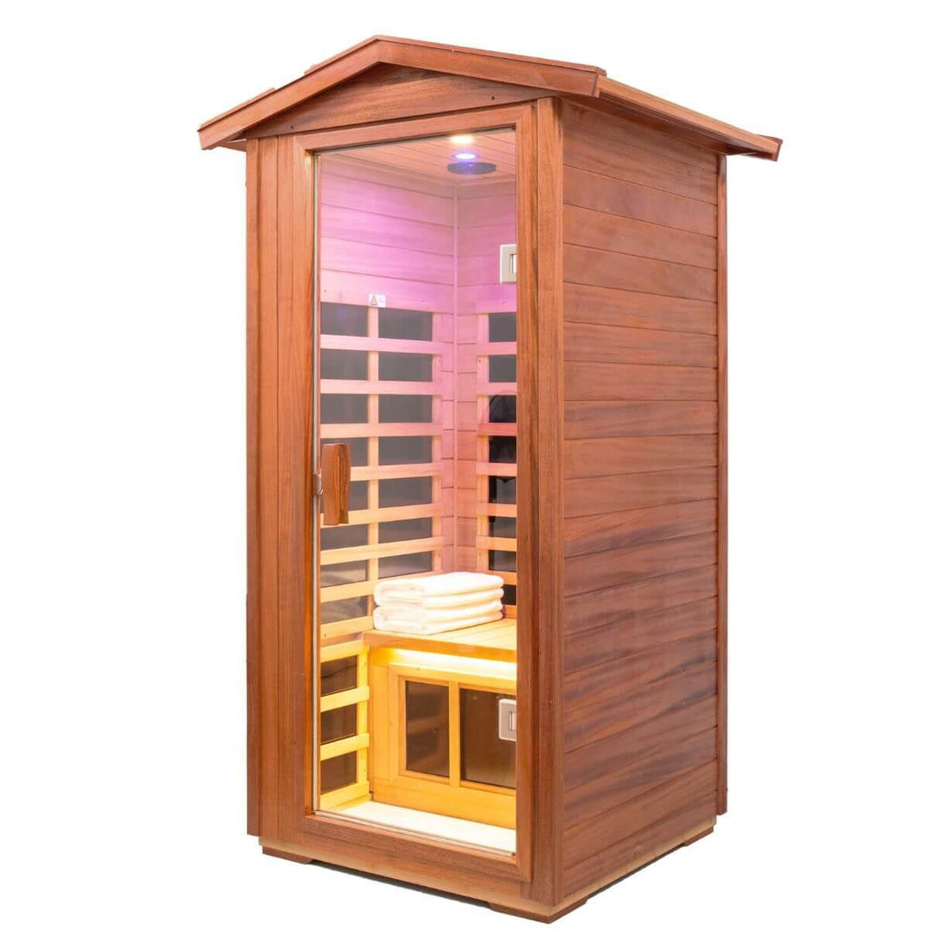 Wearwell-901VT 1 Person Outdoor Ultra-Low EMF Far Infrared Sauna in Mahogany | Strong Weather Resistance